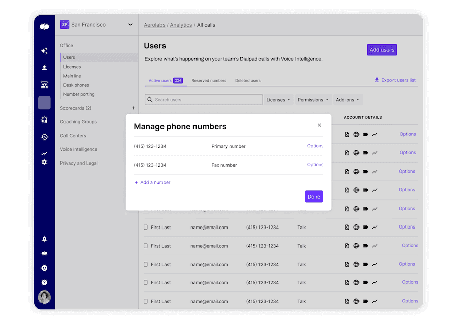 Managing phone numbers screen