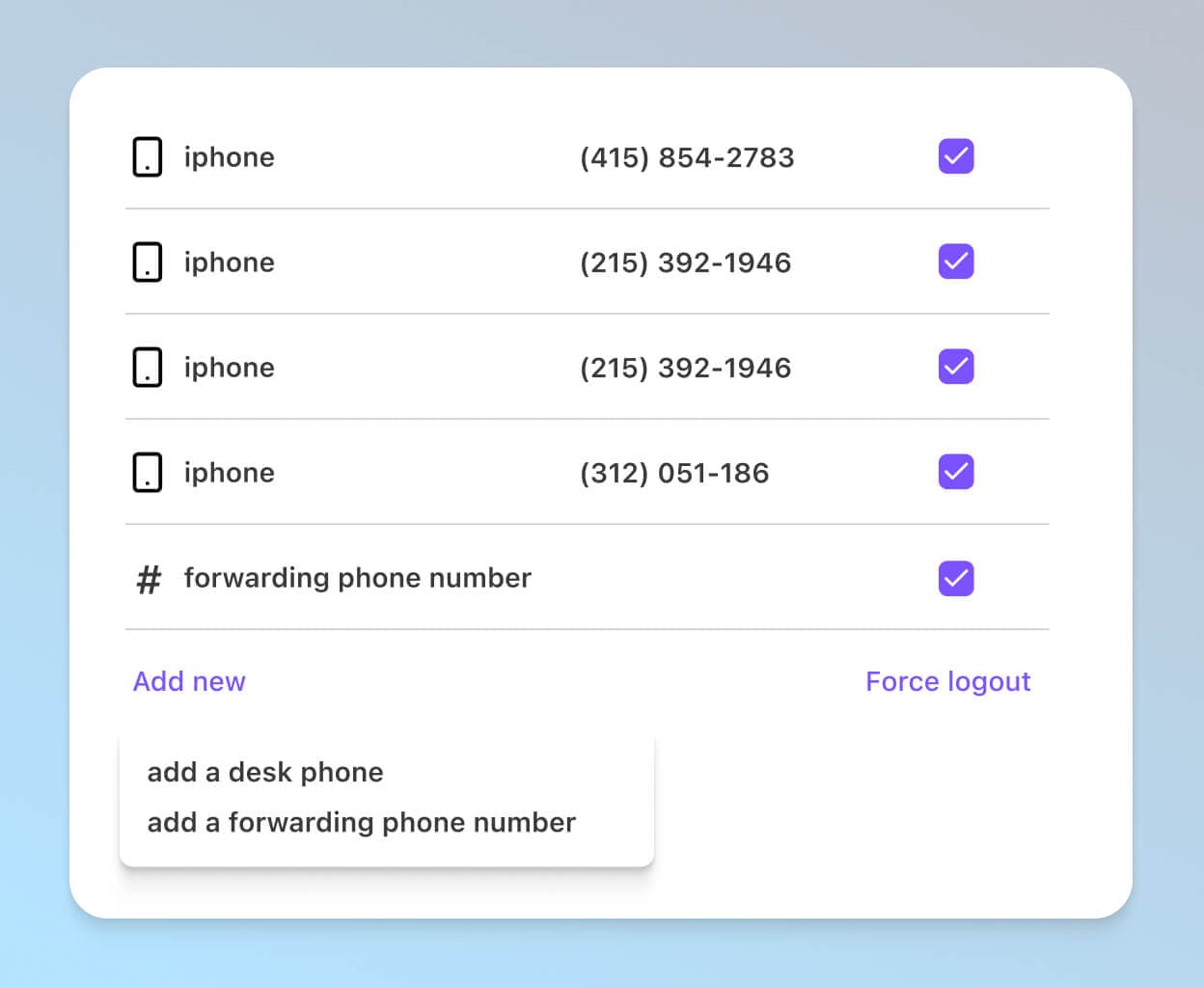 Screenshot of adding a call forwarding number from Dialpad’s online dashboard