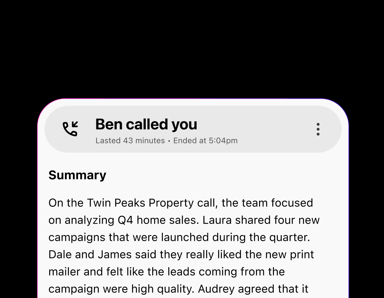 Screenshot of a call summary generated by Dialpad Ai Recaps feature