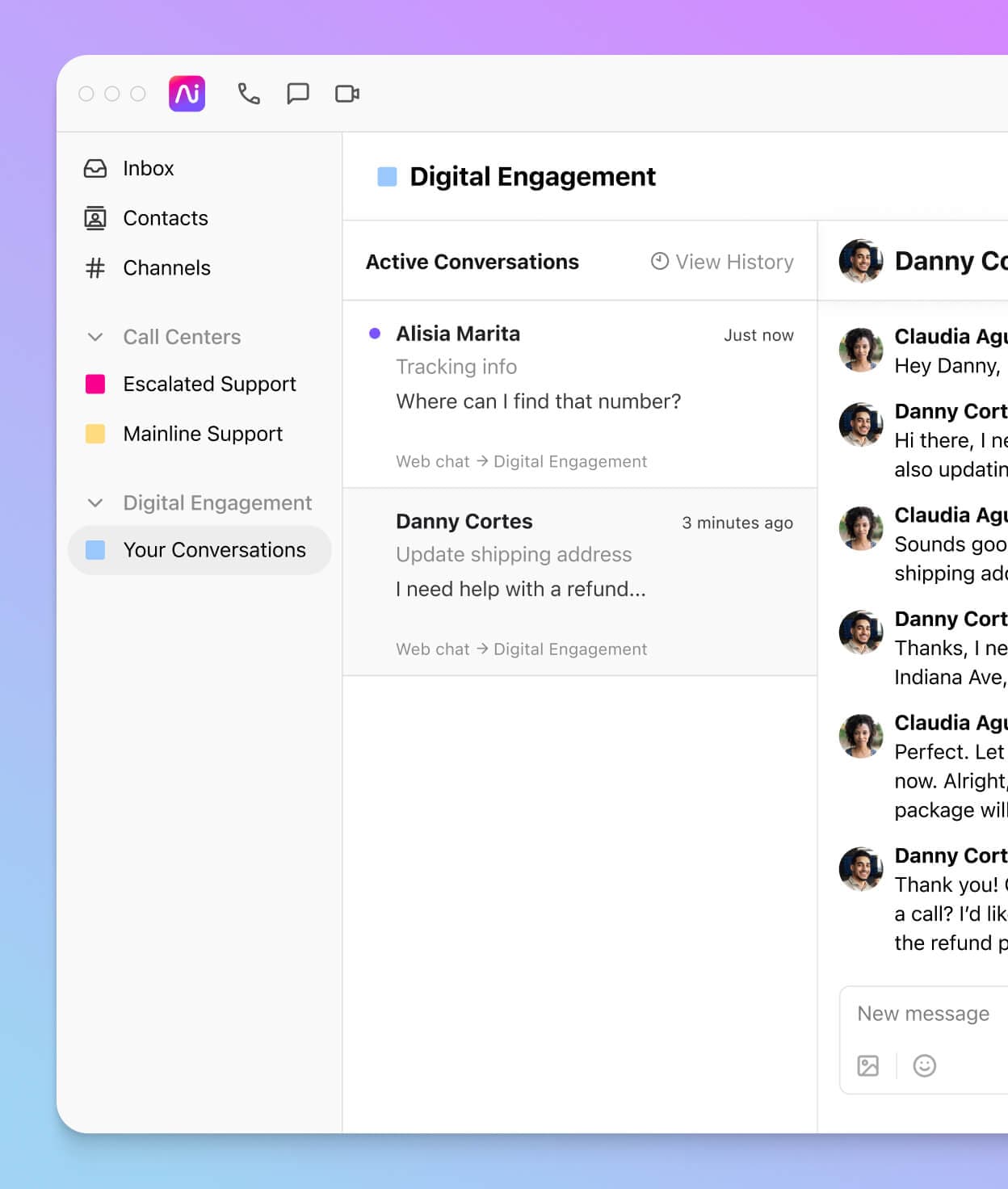 A screenshot of social media, digital, and voice channels being handled by an agent in Dialpad's omnichannel contact center platform.