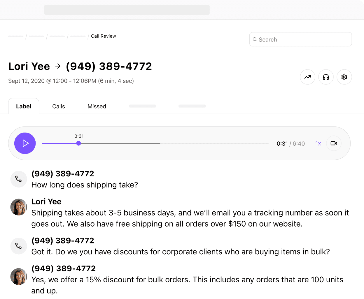 Screenshot of Dialpads AI-powered post-call summary with transcript and recording