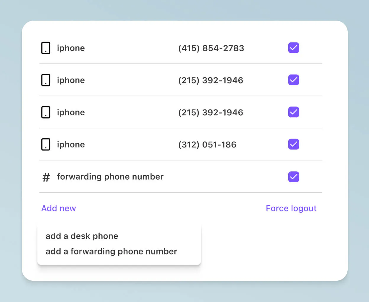 Screenshot of adding a desk phone or a forwarding phone number in Dialpad