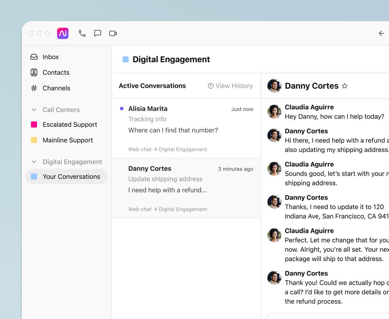 A screenshot of social media, digital, and voice channels being handled by an agent in Dialpad's omnichannel contact center platform.