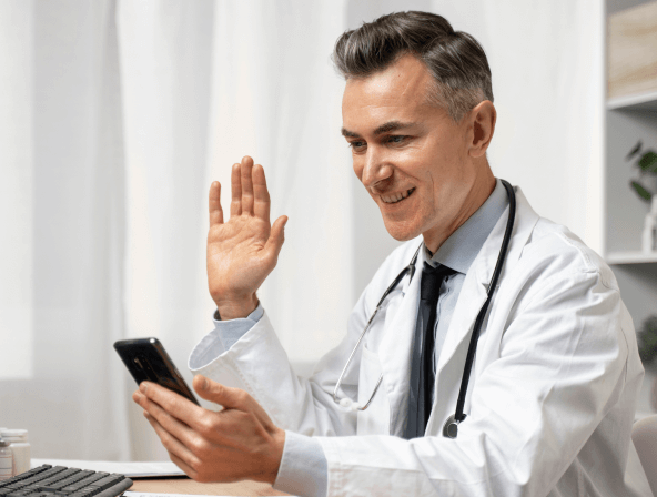 A physician in a video conference call