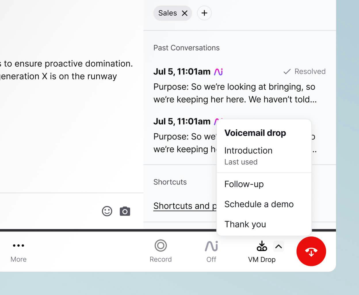 Screenshot of Dialpads voicemail drop feature