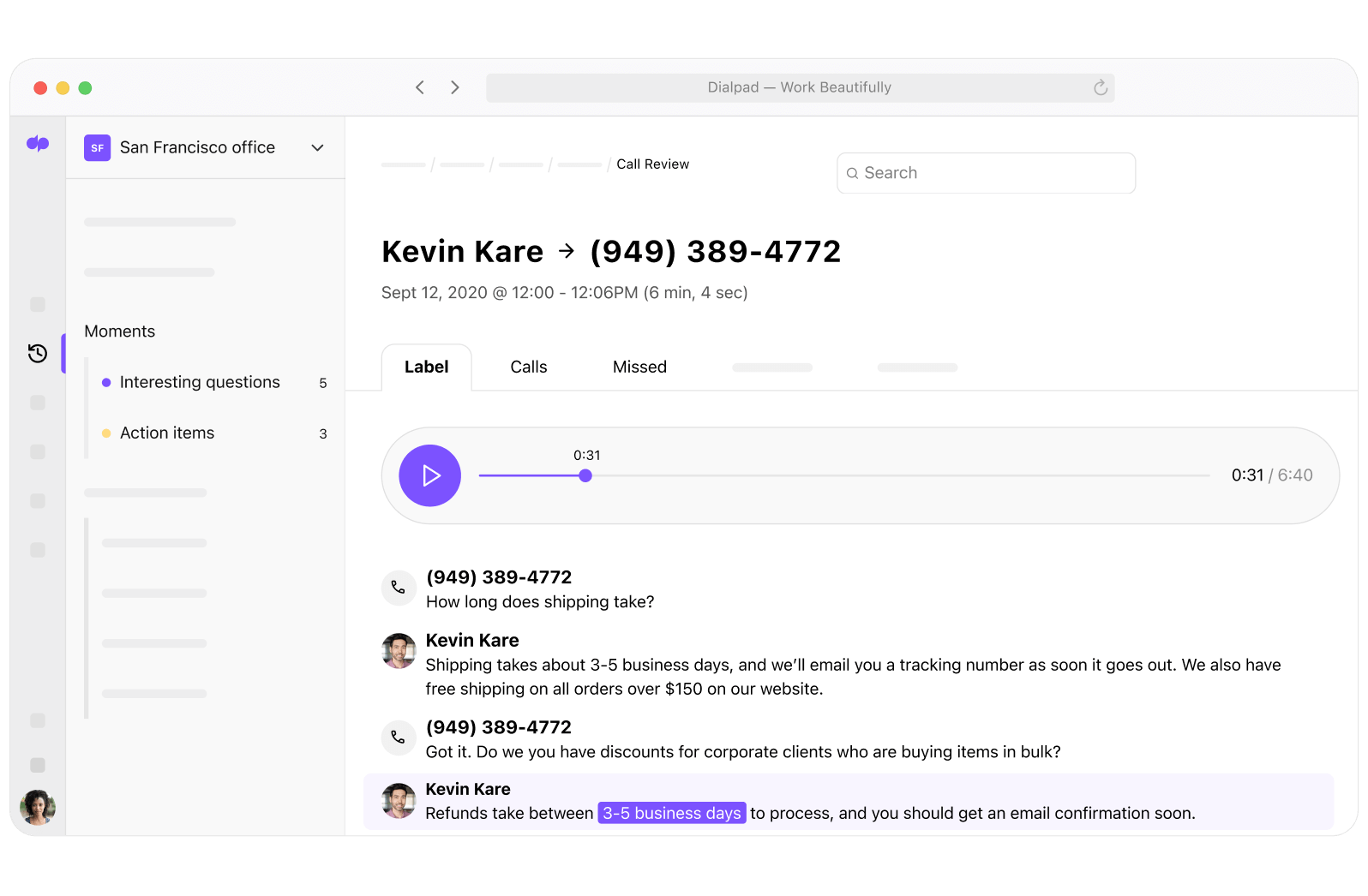 Screenshot of Dialpads AI-powered post-call summary with transcript and recording