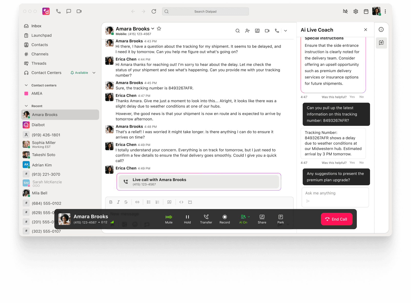 Dialpad Ai Live Coach panel suggesting an upsell during a live call