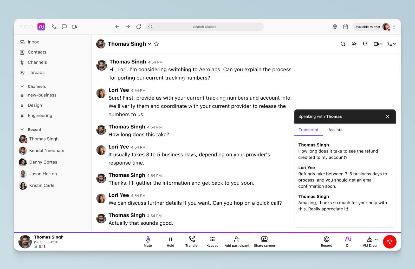 Screenshot of Dialpad Ai transcribing a phone call in real time