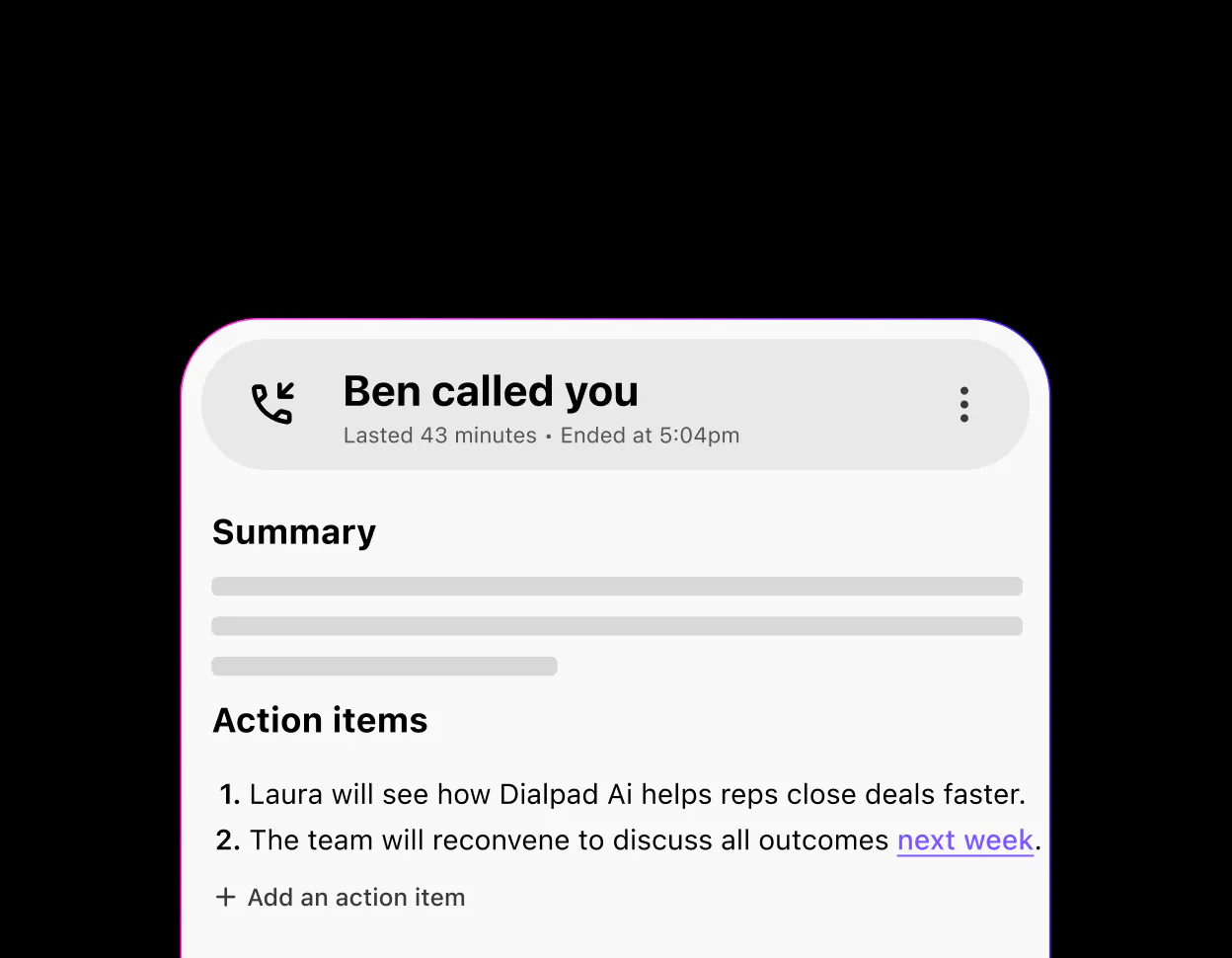 Screenshot of a list of action items generated by Dialpad Ai after a phone call
