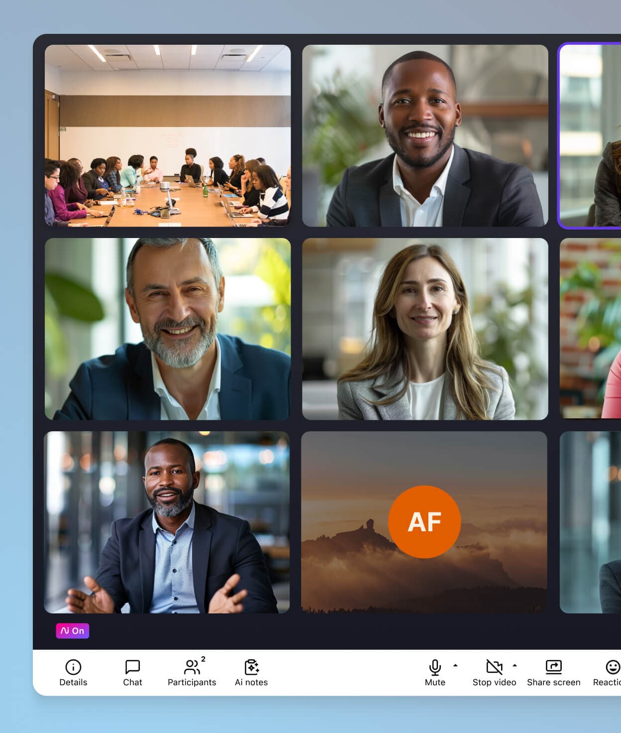 Screenshot of Dialpad AI Meetings UI in grid view showing participant thumbnails and call controls below