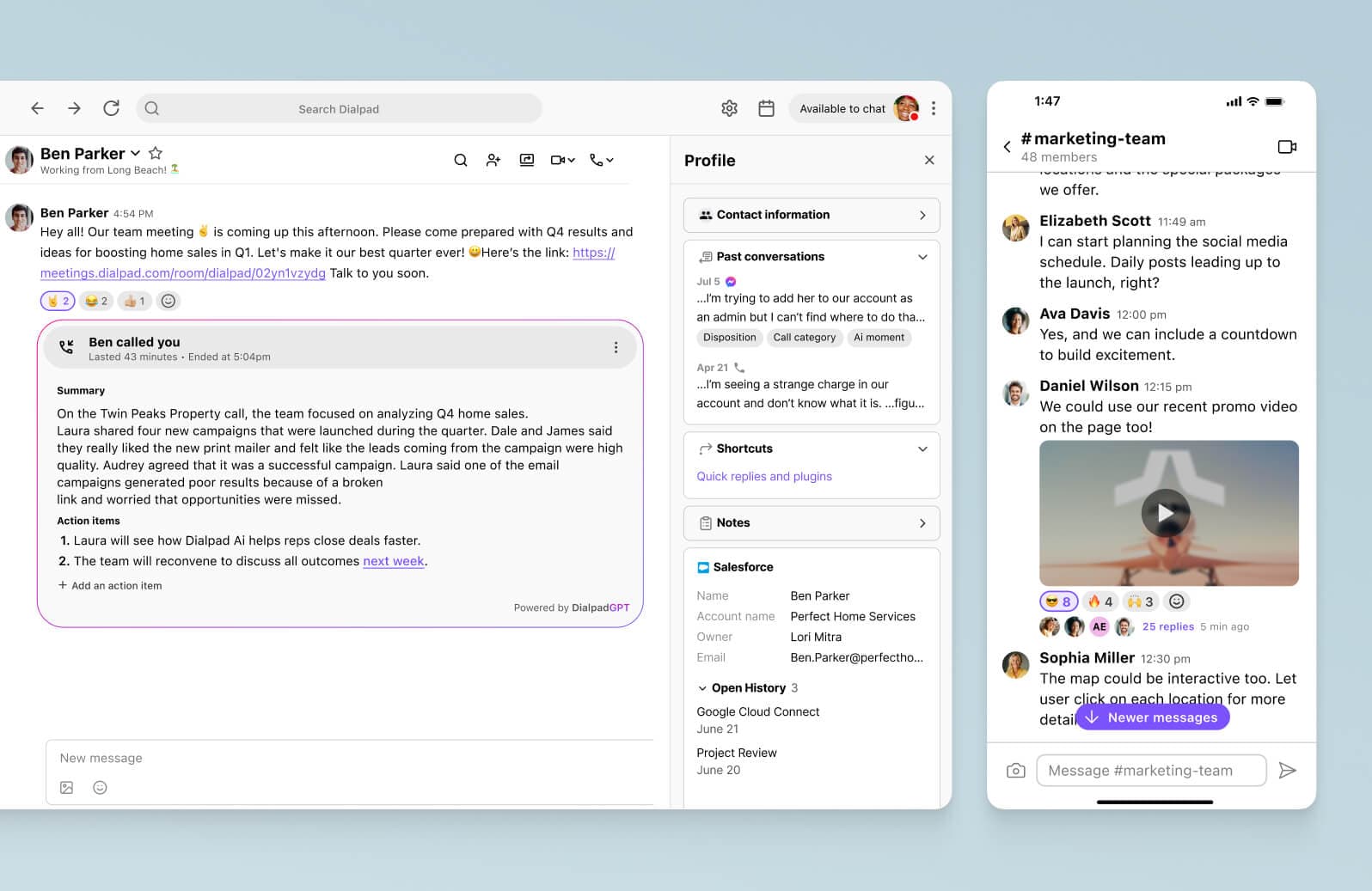 Screenshot of business text messaging features in Dialpad-s desktop and mobile applications