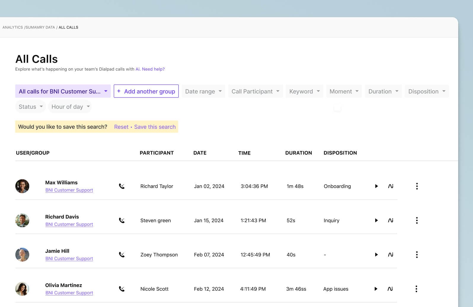 Screenshot showing all customer support calls for BNI in Dialpad