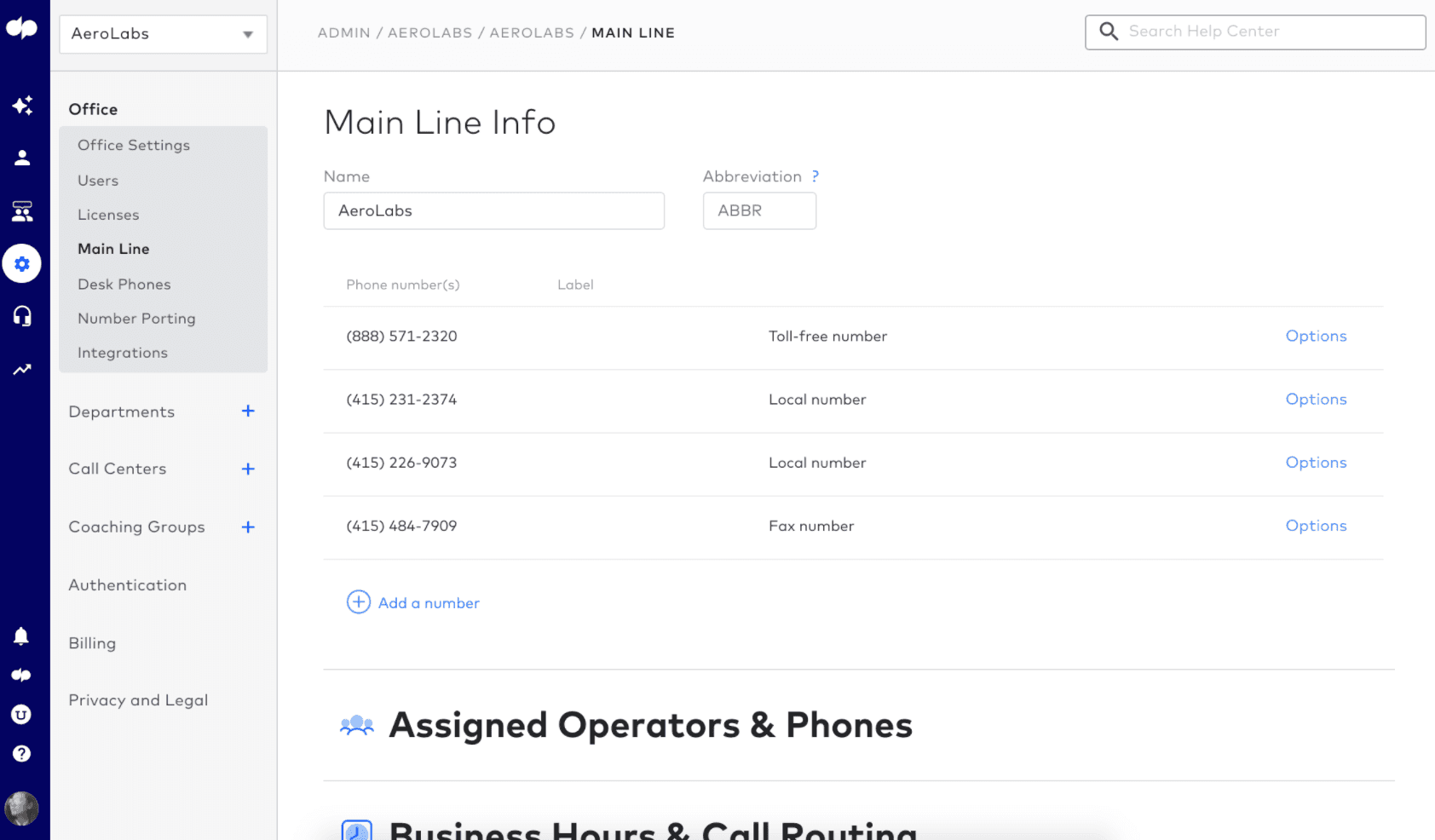 Main line setup in dialpad