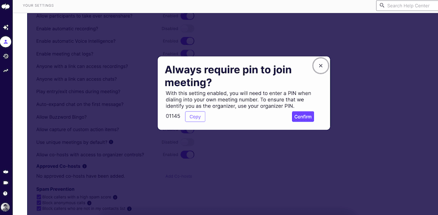 Toggling on the PIN requirement in dialpad blog size