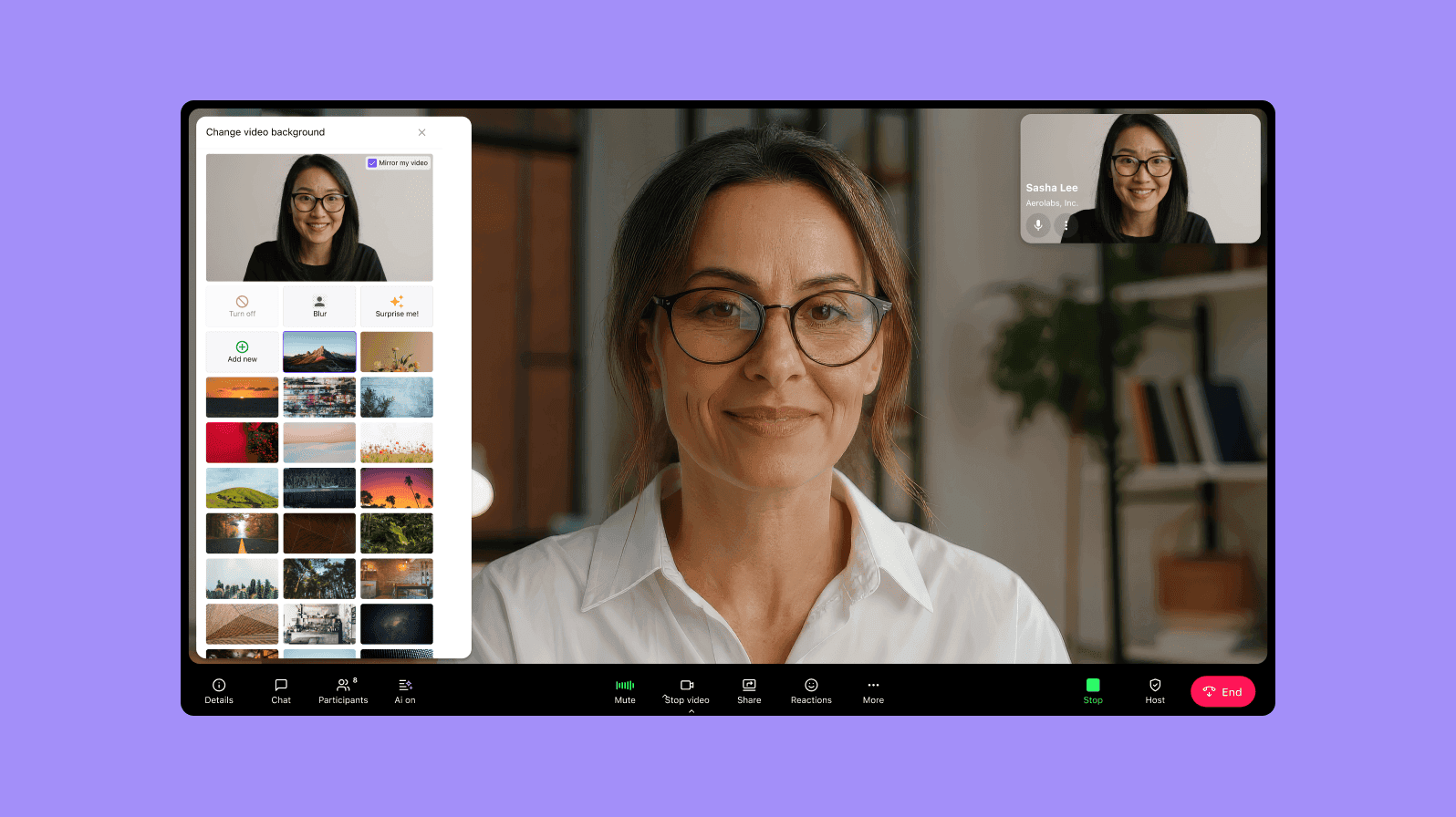 Screenshot of changing the video background in a Dialpad video conference