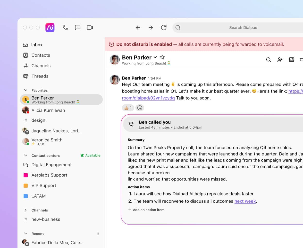 Screenshot of Dialpad's do not disturb feature blocking a call.