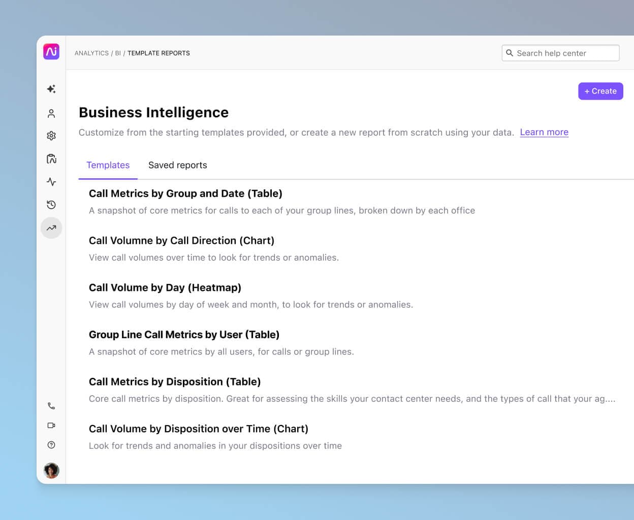 Screenshot of standard templated reports in Dialpad Business Intelligence (BI) that can be customized to provide the necessary metrics