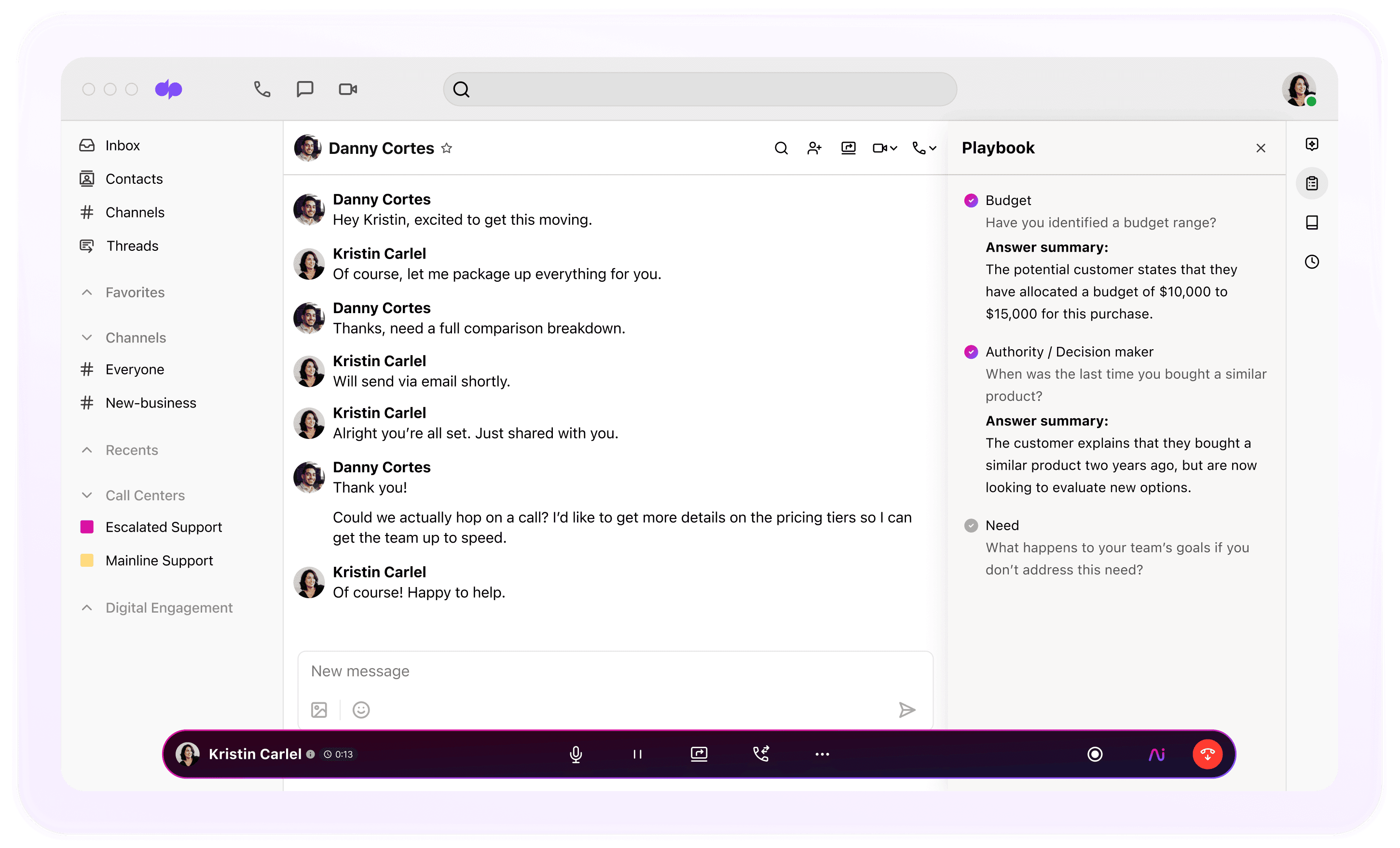 Screenshot of Dialpad AI suggesting BANT sales playbook tasks for a rep in real time.