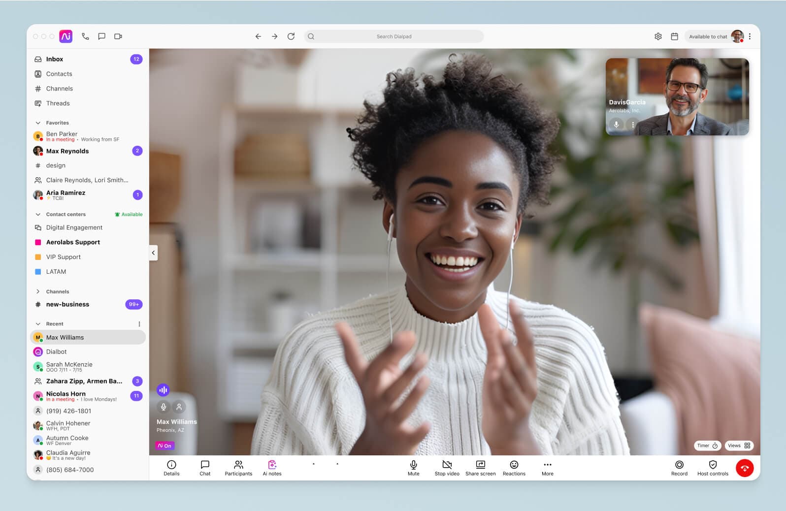Screenshot of Dialpad's video conferencing interface displaying a video feed with two participants