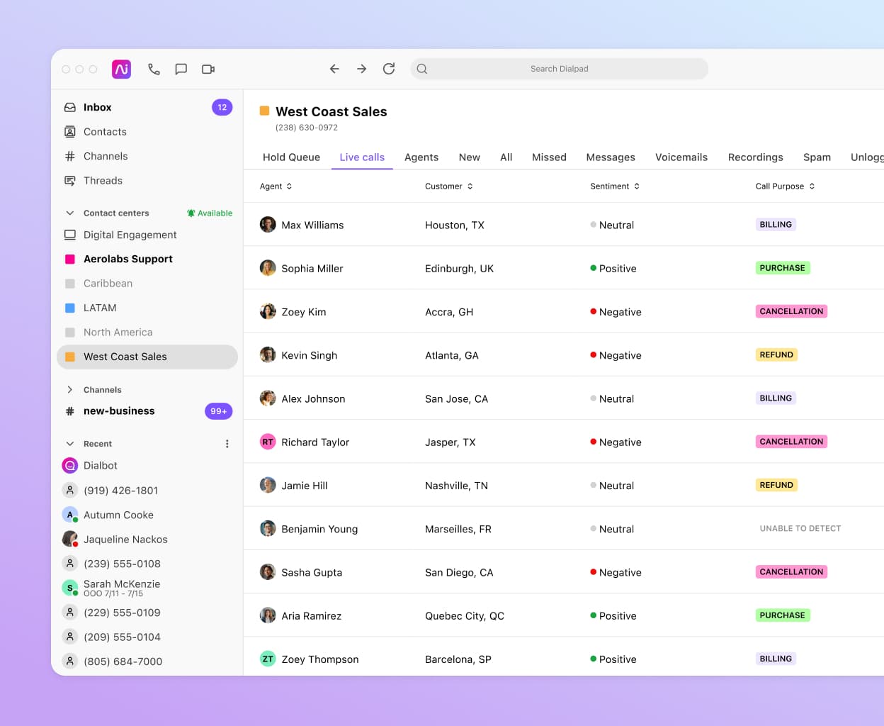 Screenshot of a list of active calls on Dialpad
