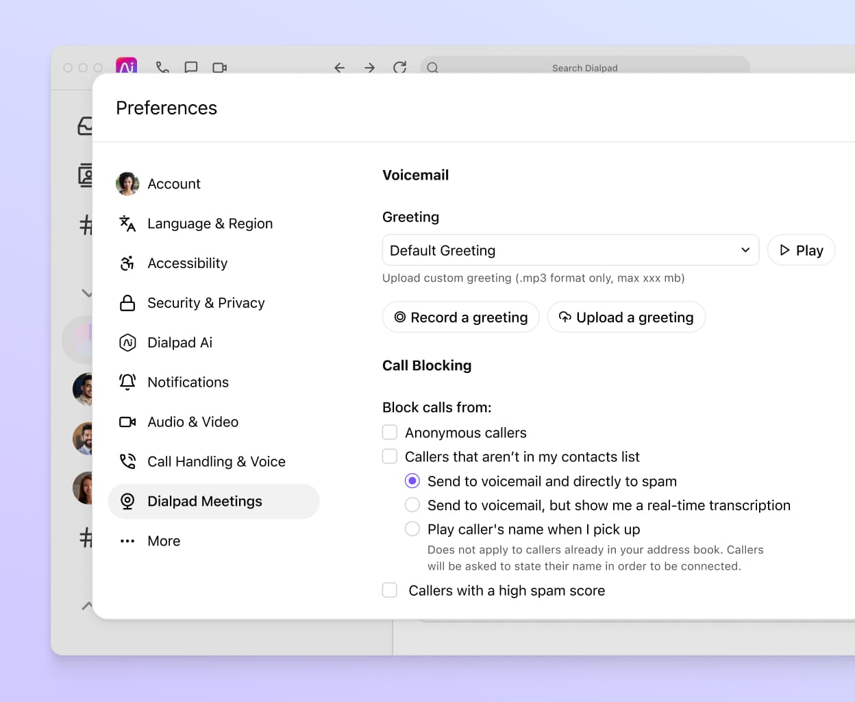 Screenshot of uploading custom greetings to Dialpad from the online dashboard