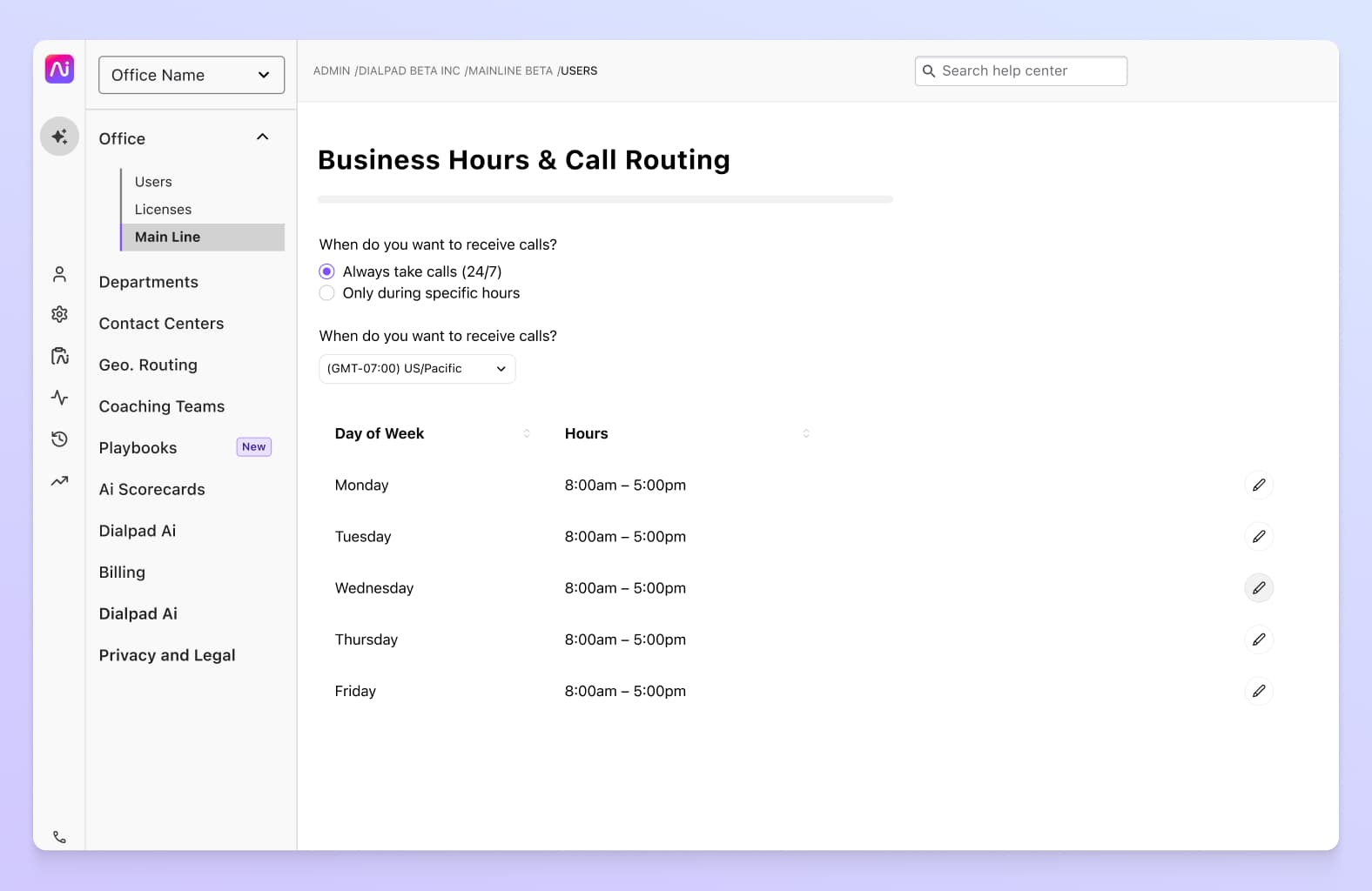Screenshot of setting business hours for a company in dialpads dashboard