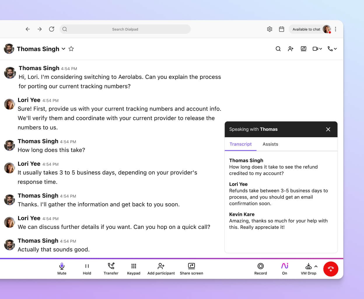Screenshot of Dialpad AI transcribing a phone call in real time