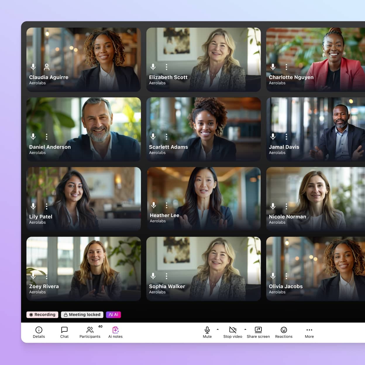 Screenshot of Dialpad AI Meetings UI in grid view, showing participant thumbnails and call controls below