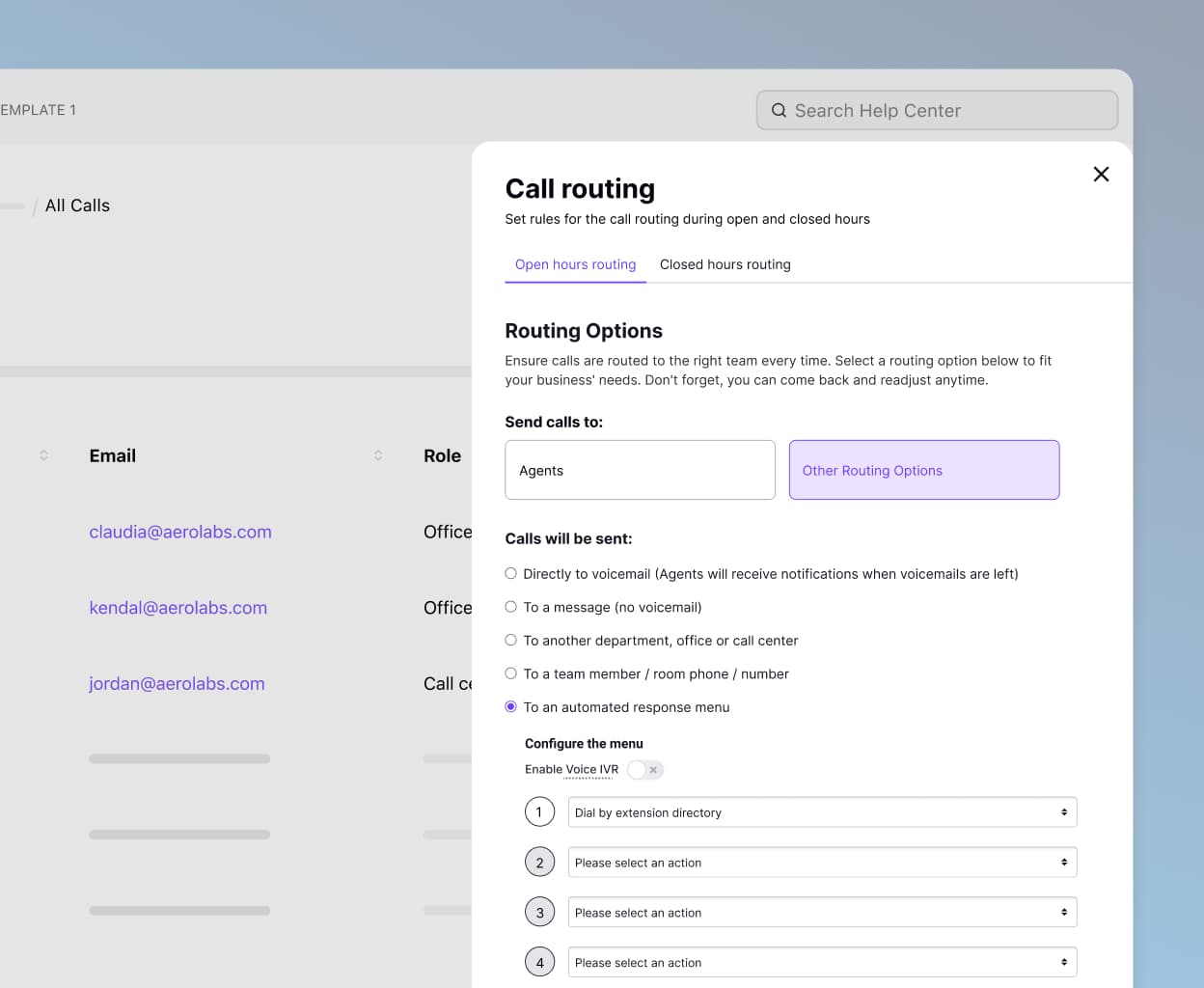 Screenshot of Dialpad's call routing options