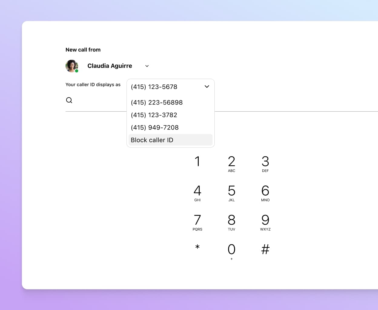 Screenshot of choosing a caller ID to display when making a work call from one's personal cell phone using Dialpad's app.