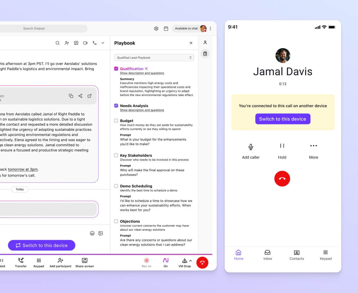 Screenshot of Dialpads call flip feature seamlessly flipping a call between a desktop and mobile app