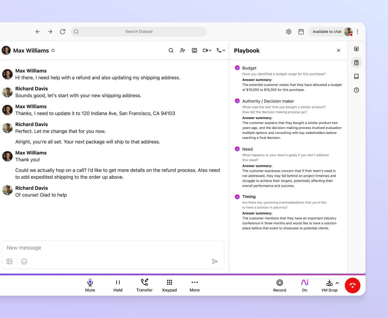 Screenshot of Dialpad Ai suggesting BANT sales playbook tasks for a rep in real time