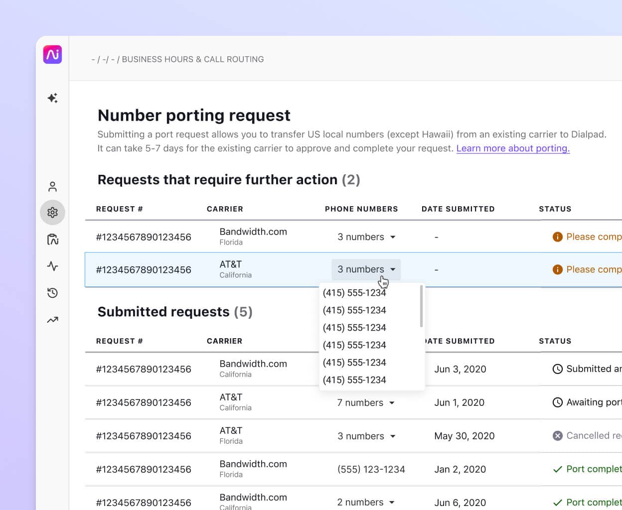 Screenshot of number porting requests in Dialpads online dashboard