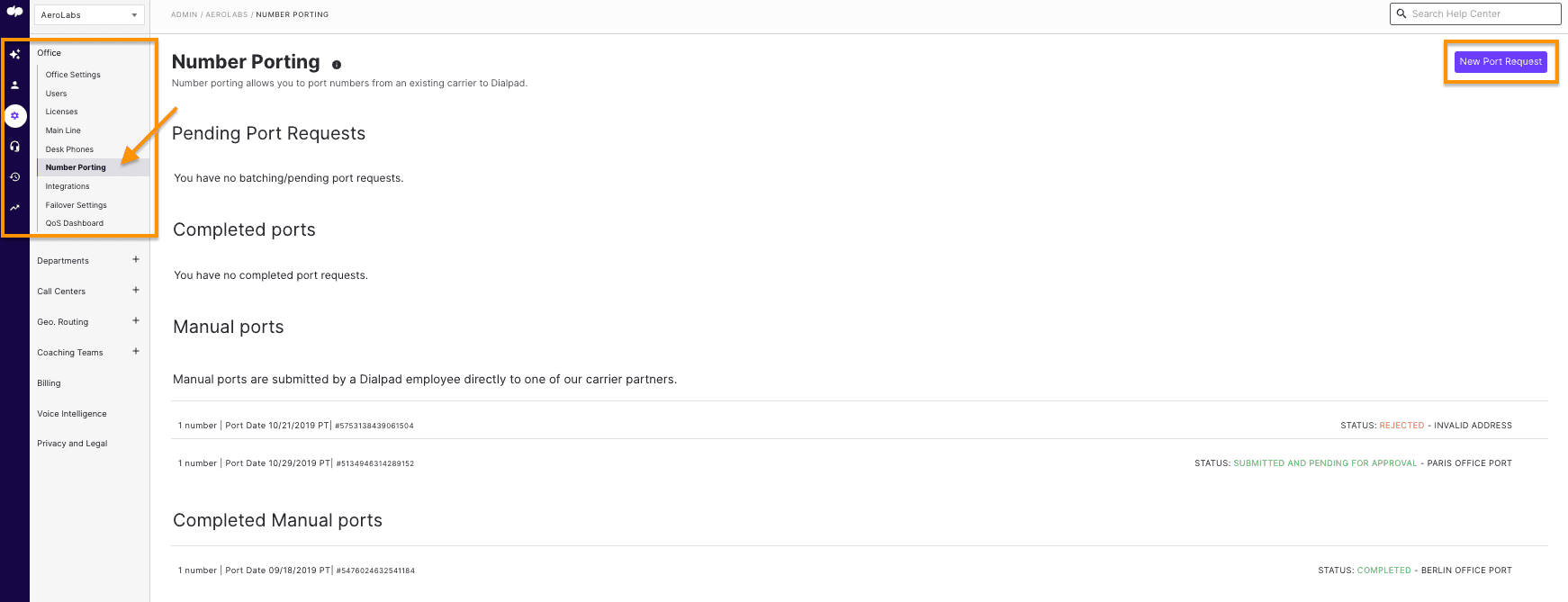 Porting a phone number from Dialpads dashboard