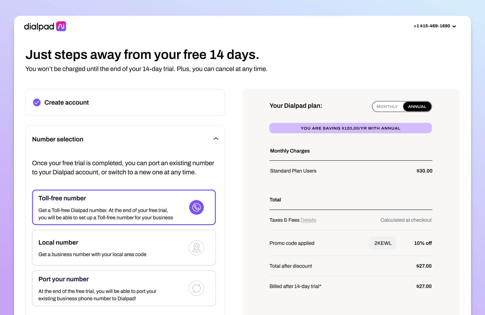 Screenshot of obtaining a toll-free number during Dialpad account setup