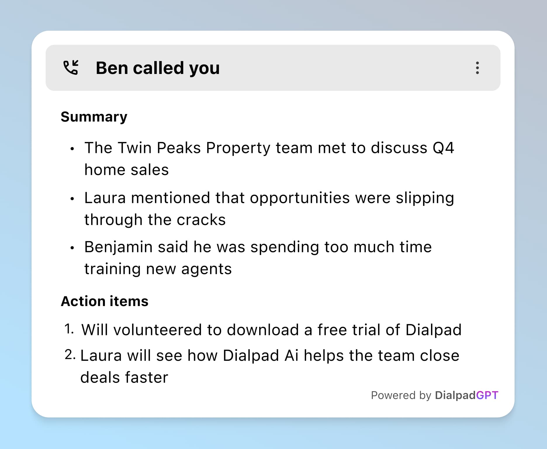 Screenshot of Dialpad's Ai-generated call summary with action items