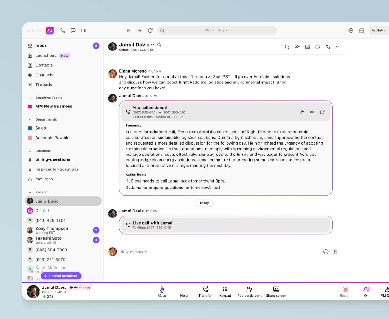 Dialpad's AI-powered post-call summary with transcript, recording, and action items.