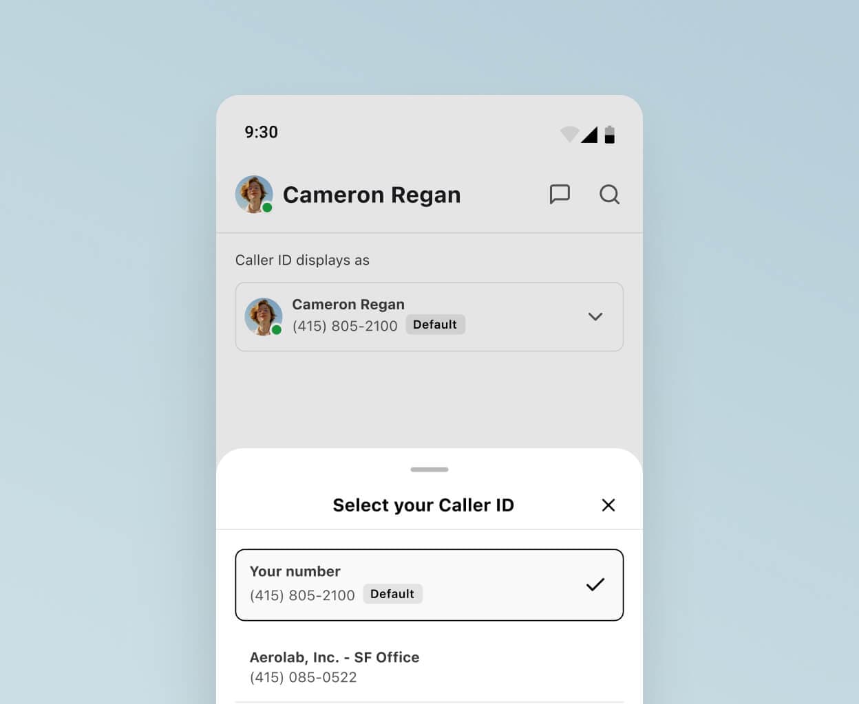 Screenshot of choosing a caller ID to display when making a work call using Dialpad's app
