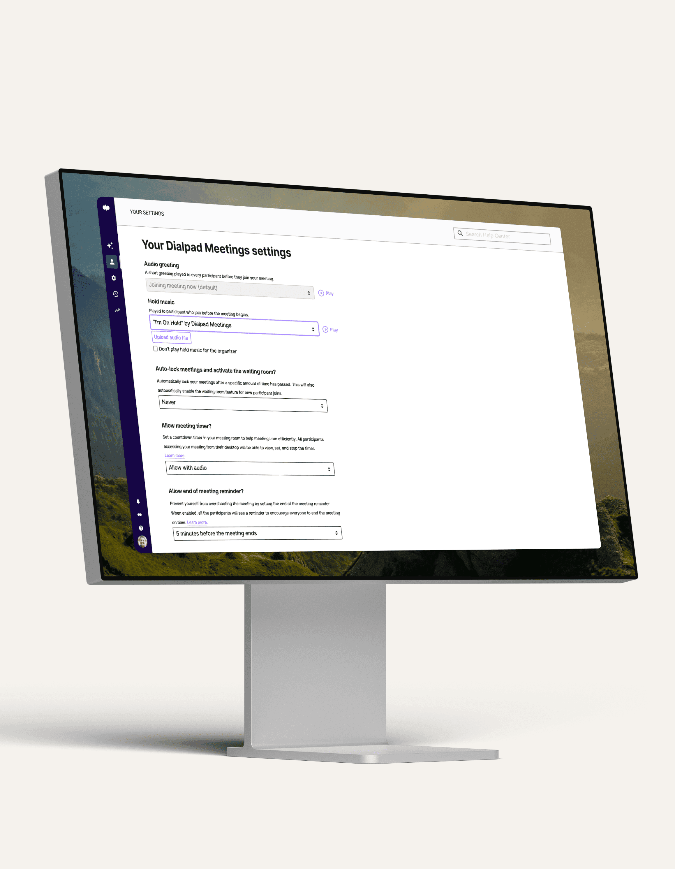 Computer screen showing custom hold music being chosen in Dialpad's desktop app