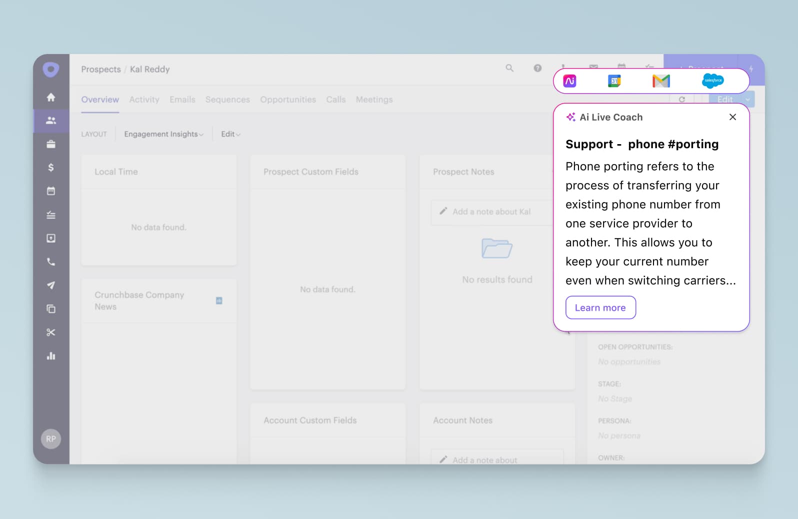 Screenshot of Dialpad Ai Live Coach automatically appearing on agents- screens during a call made within Outreach, leveraging the Dialpad integration and triggered by specific keywords