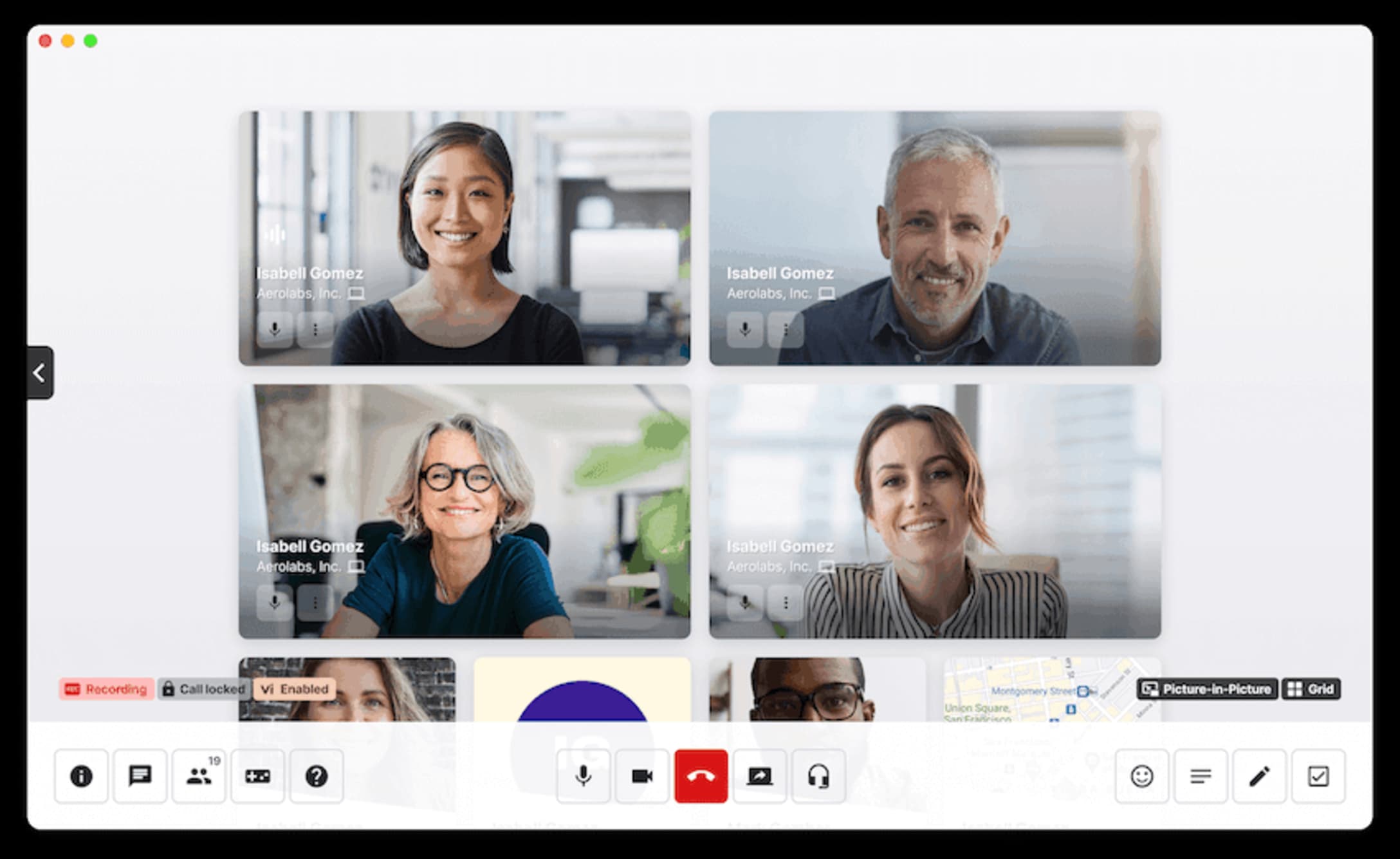 Eight-person meeting display showing full-screen layout optimized for VTC equipment