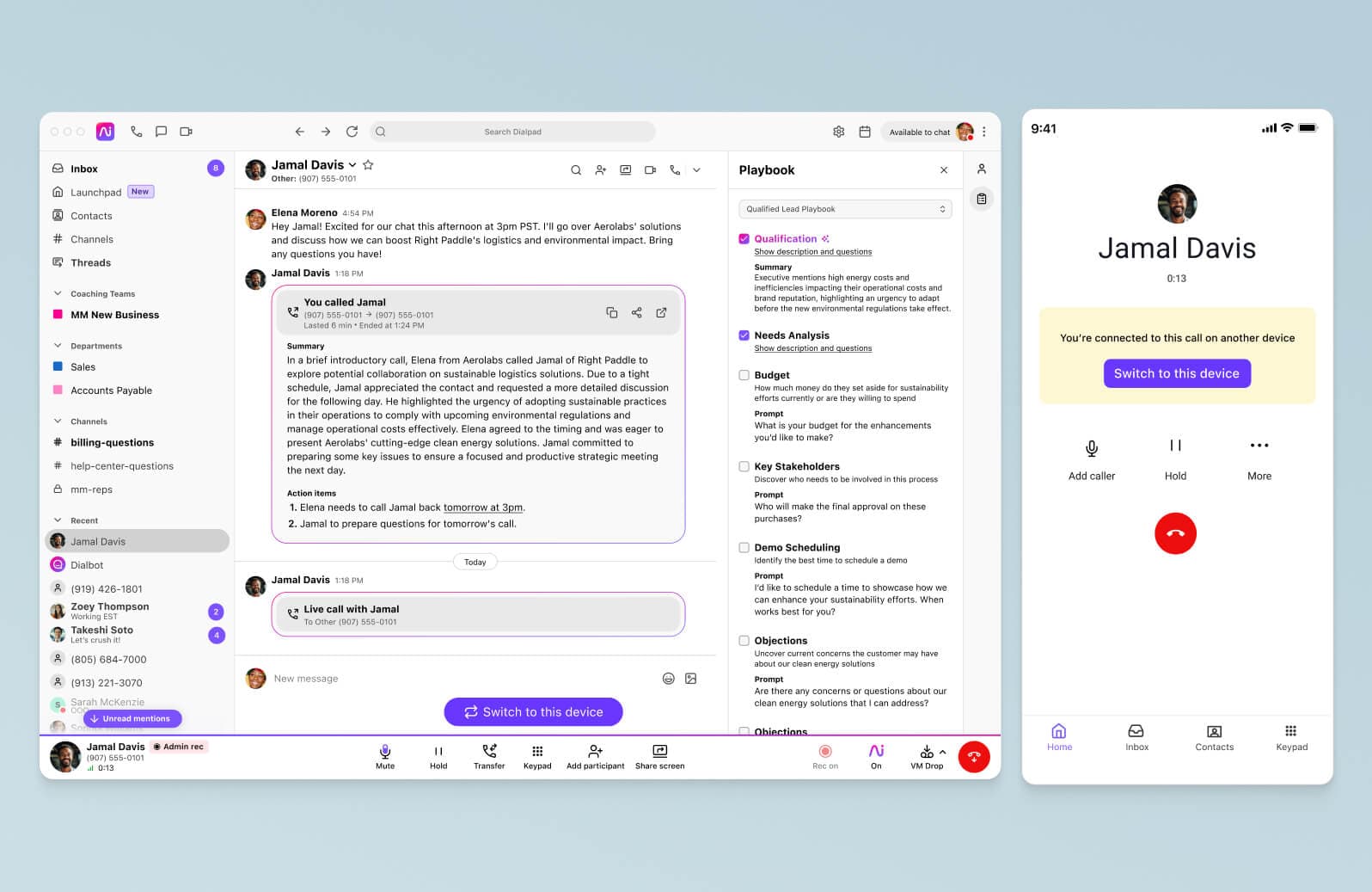 Screenshot of Dialpads call flip feature seamlessly flipping a call between a desktop and mobile app