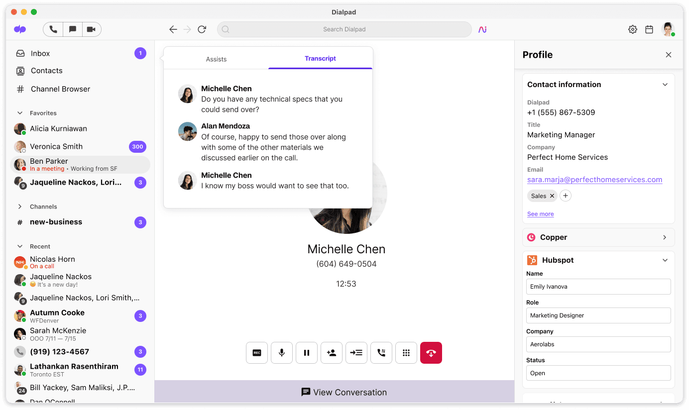Screenshot of Dialpad Ai transcribing a phone call in real time
