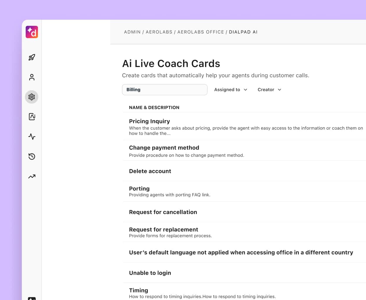 Dialpad's AI Live Coach Cards feature popping up helpful notes for an agent or rep when a tricky question comes up on a call.