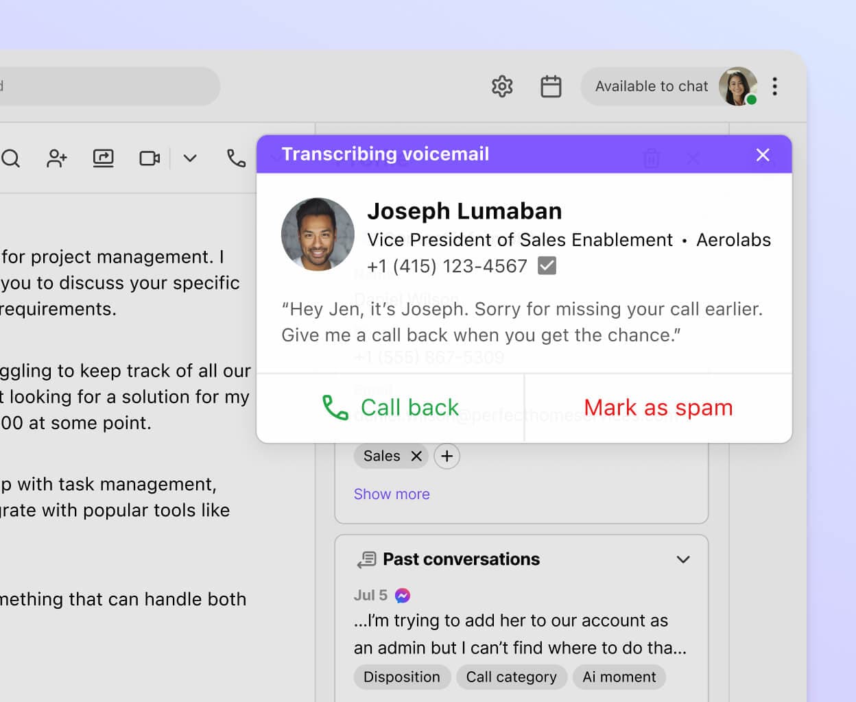 Screenshot of Dialpad's visual voicemail transcription feature