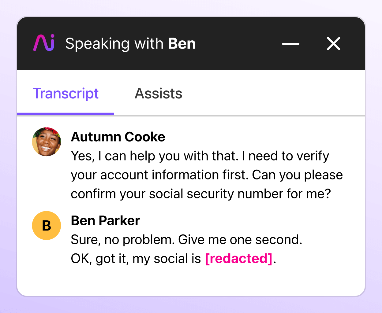 Screenshot of Dialpad Dialpad AI PII Redaction feature