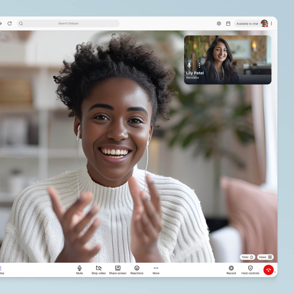 Screenshot of Dialpad's video conferencing interface displaying a video feed with two participants