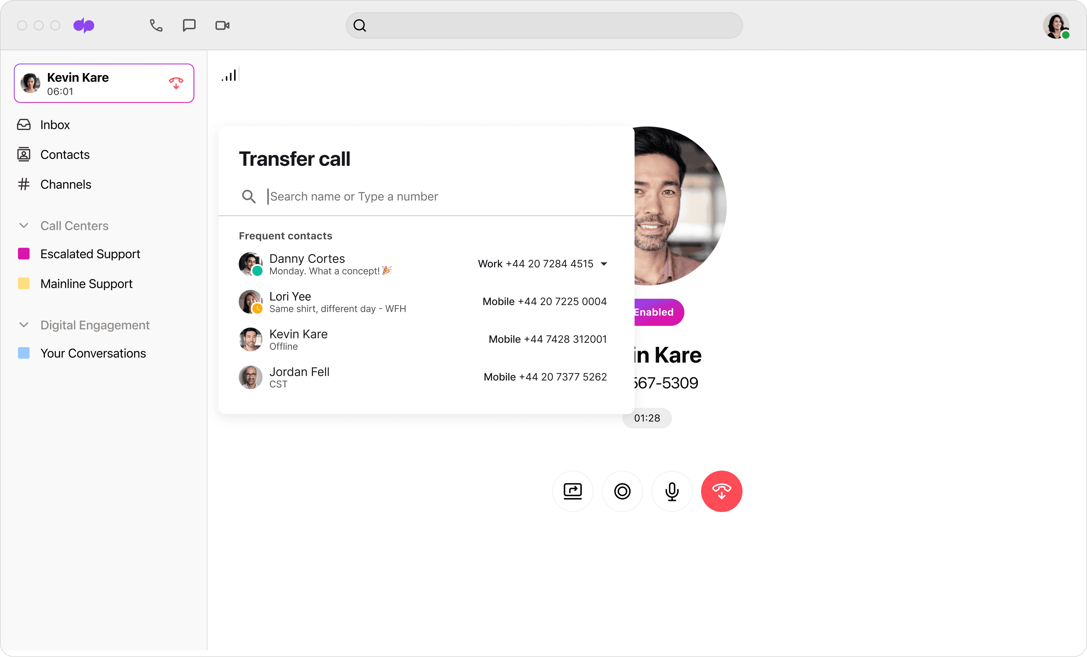 Screenshot of someone transferring a call to a colleague on Dialpad-s desktop app