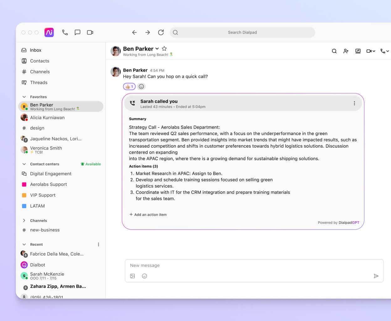 Screenshot of Dialpad Ai Recaps generating a summary and action items after a phone call ends