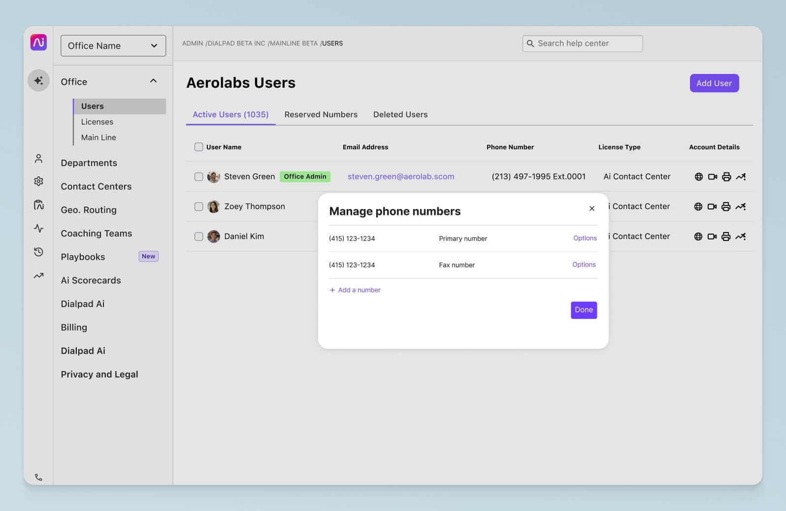Screenshot of adding and managing phone numbers from Dialpads online dashboard